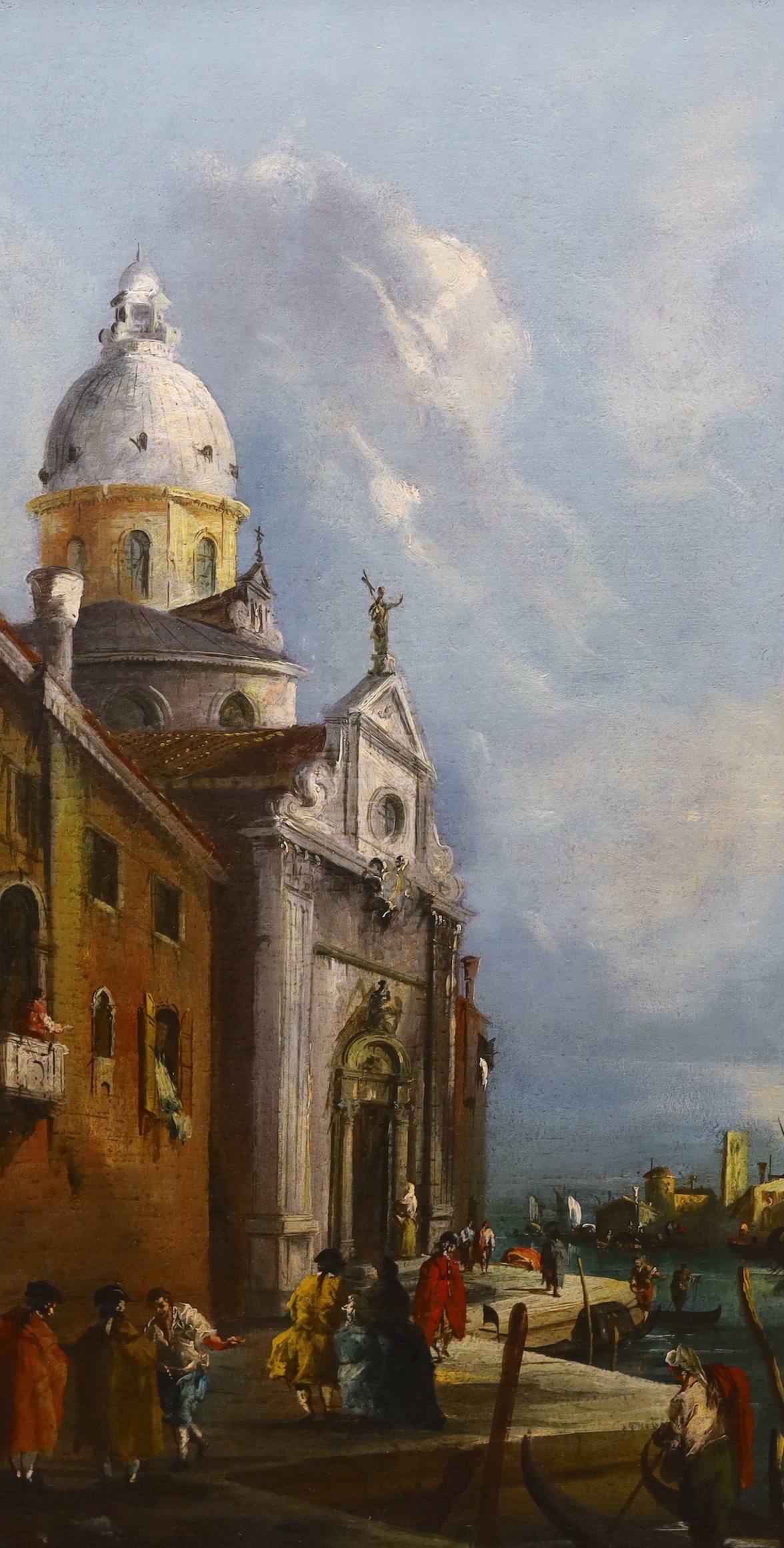 After Guardi, oil on canvas, Figures beside a Venetian church, 97 x 53cm